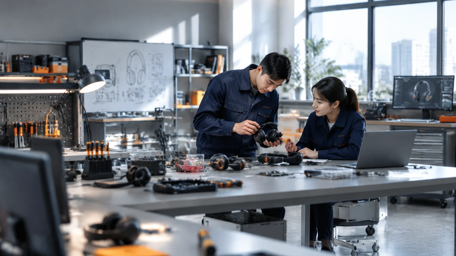 Concept image of engineers collaborating on a headset prototype
