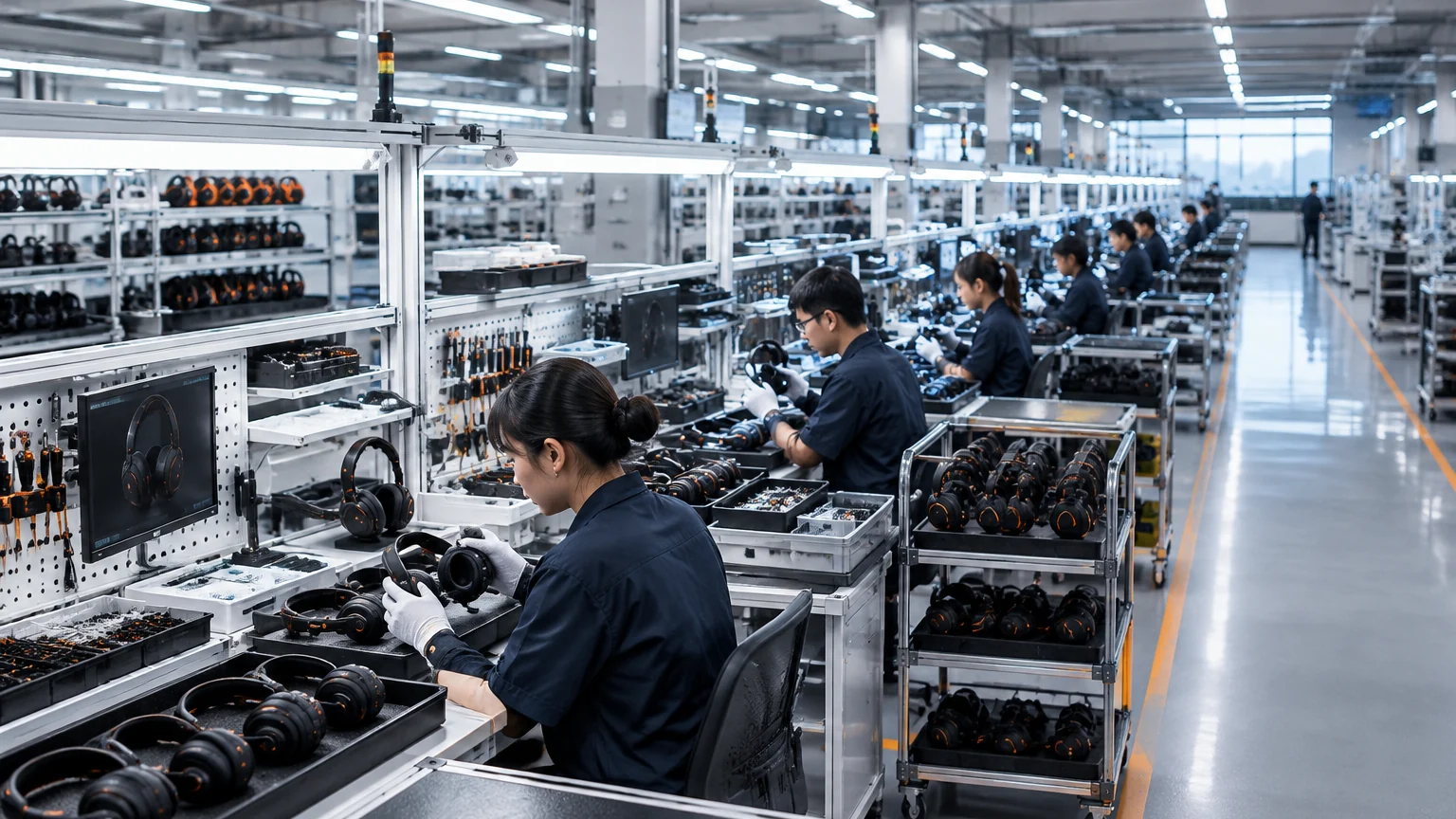 Concept image of an organized gaming headset assembly line